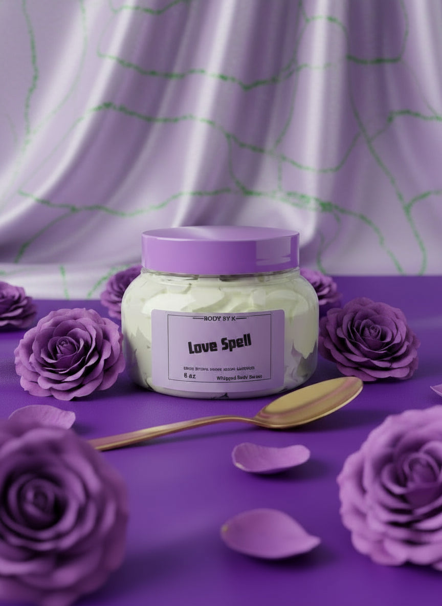 Jar labeled 'Love Spell' on a textured green surface