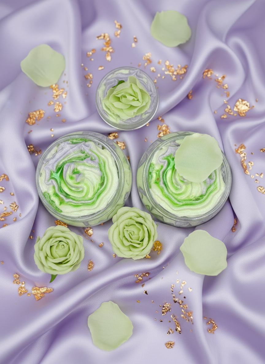 Two containers with green and white swirled dessert on a purple and green checkered background