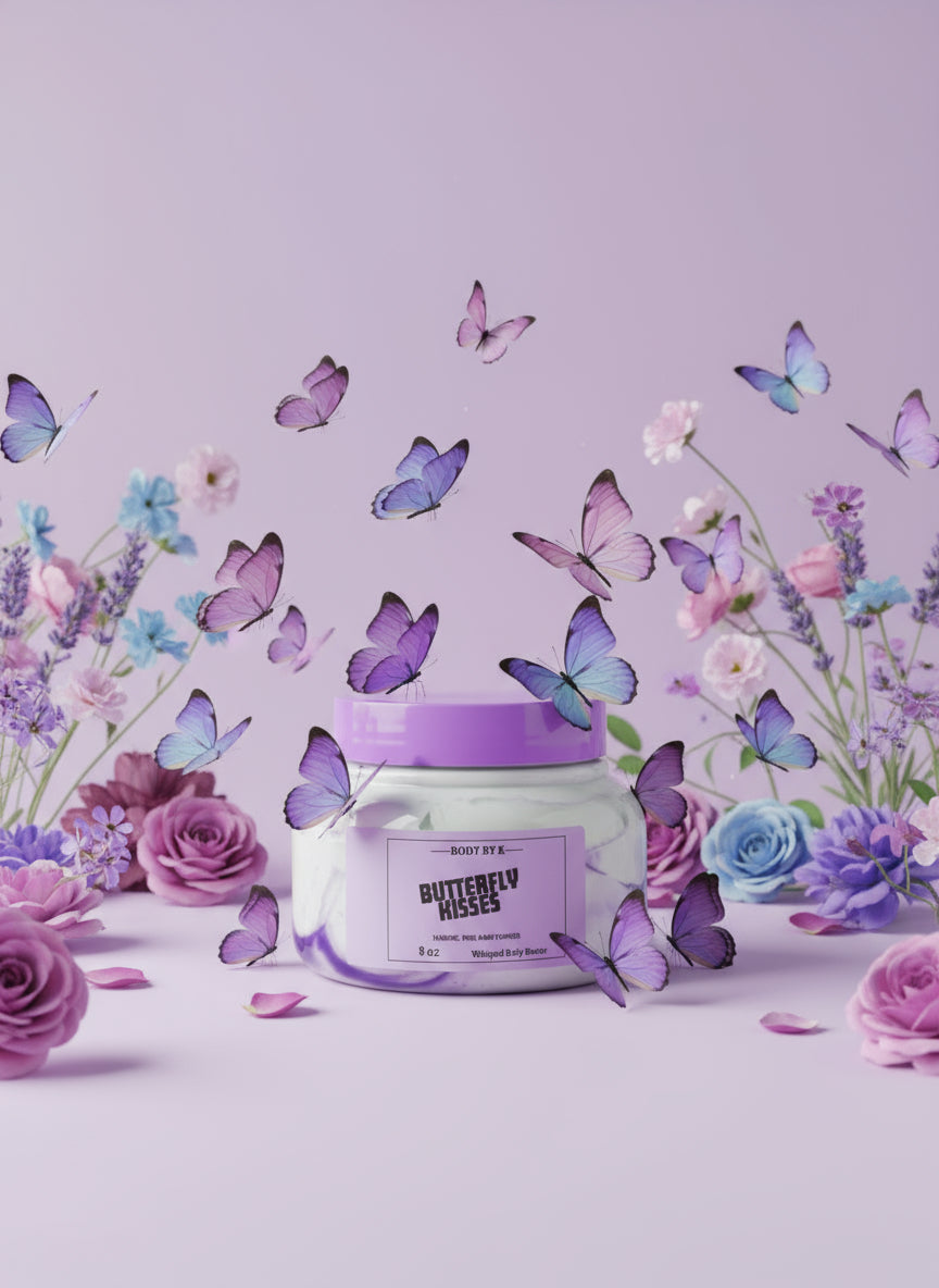 Jar labeled 'Butterfly Kisses' on a towel with a blurred background