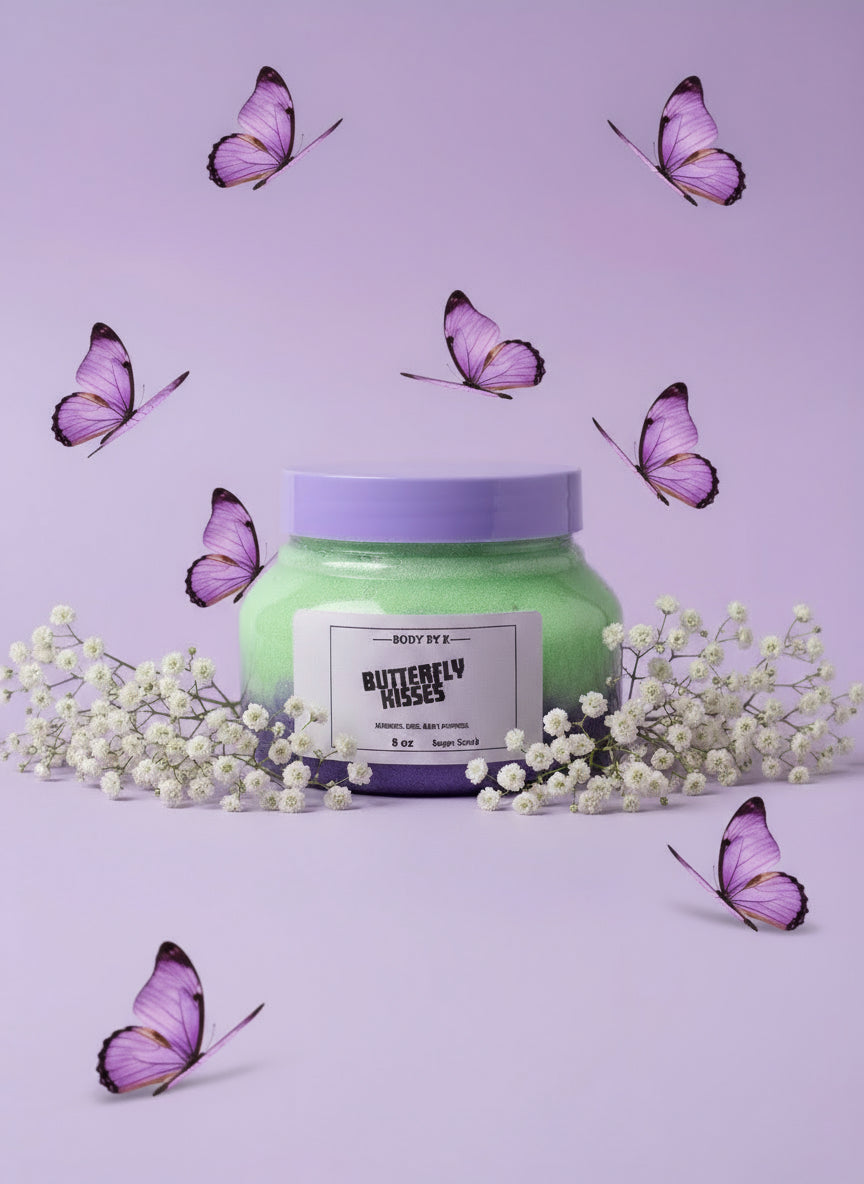 Green bar of soap with a purple container on a textured purple surface