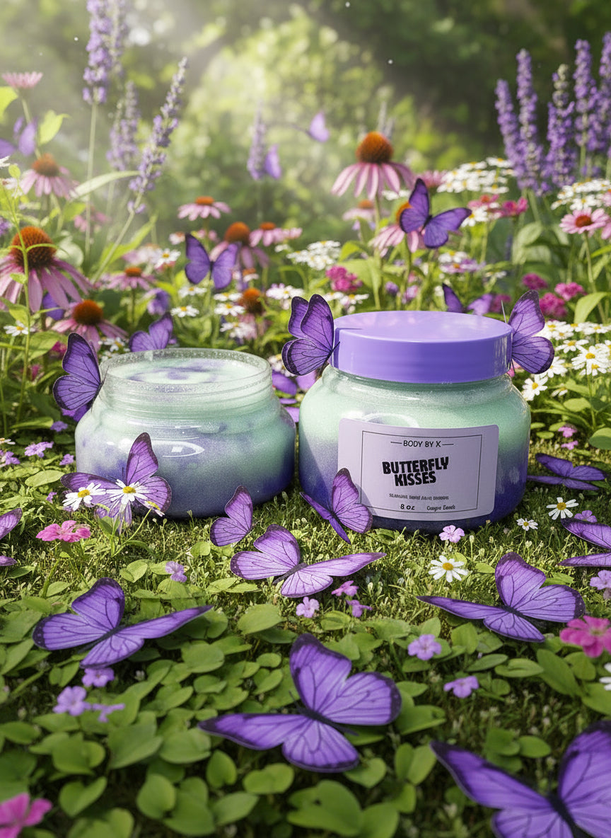 Two purple containers with labels on a textured purple surface.