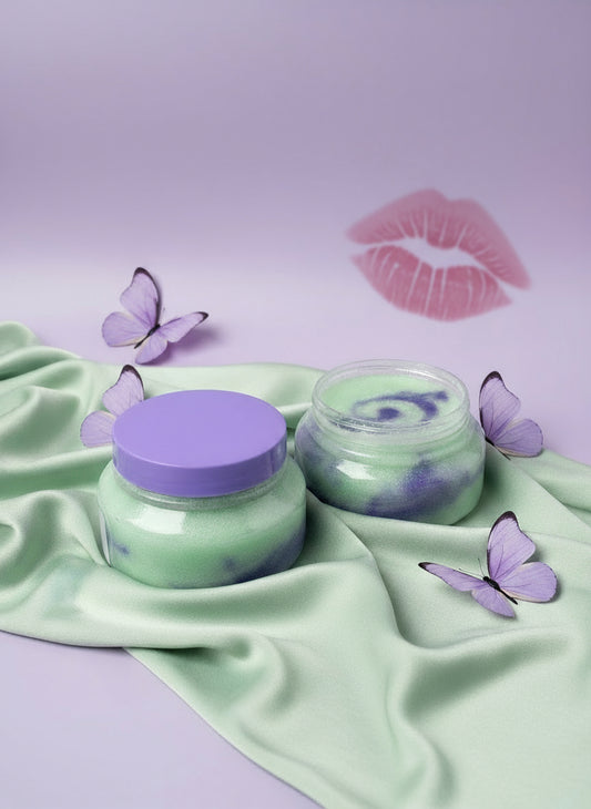 Two containers with purple lids on a purple striped surface